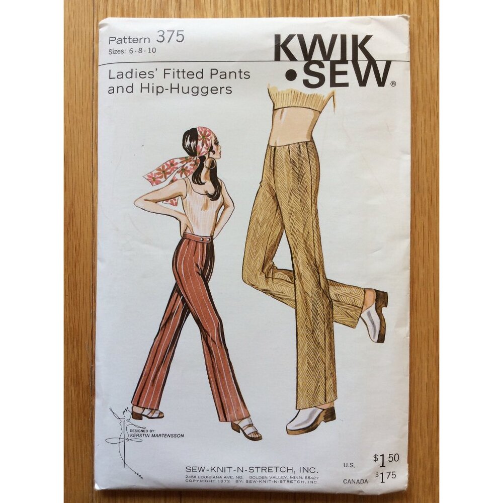 Ladies Fitted Pants and Hip Huggers Pattern 1970s Kwik Sew 375 Size 6 8 10 UNCUT